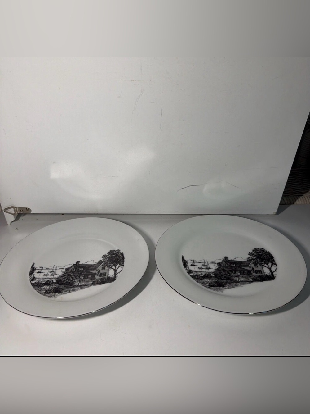 Scenic Cottage White Dinner Plates with Silver Trim - Set of 2